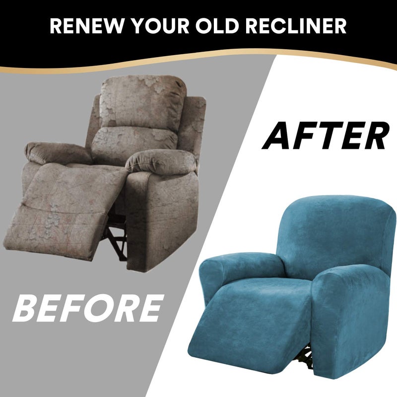 PrinceDeco Recliner Chair Cover Velvet Stretch Recliner Couch Covers 4-Pieces Style Recliner Chair Covers Recliner Cover for Reclining Chair Slipcovers Feature Non Slip Form Fitted, Stone Blue - Image 5